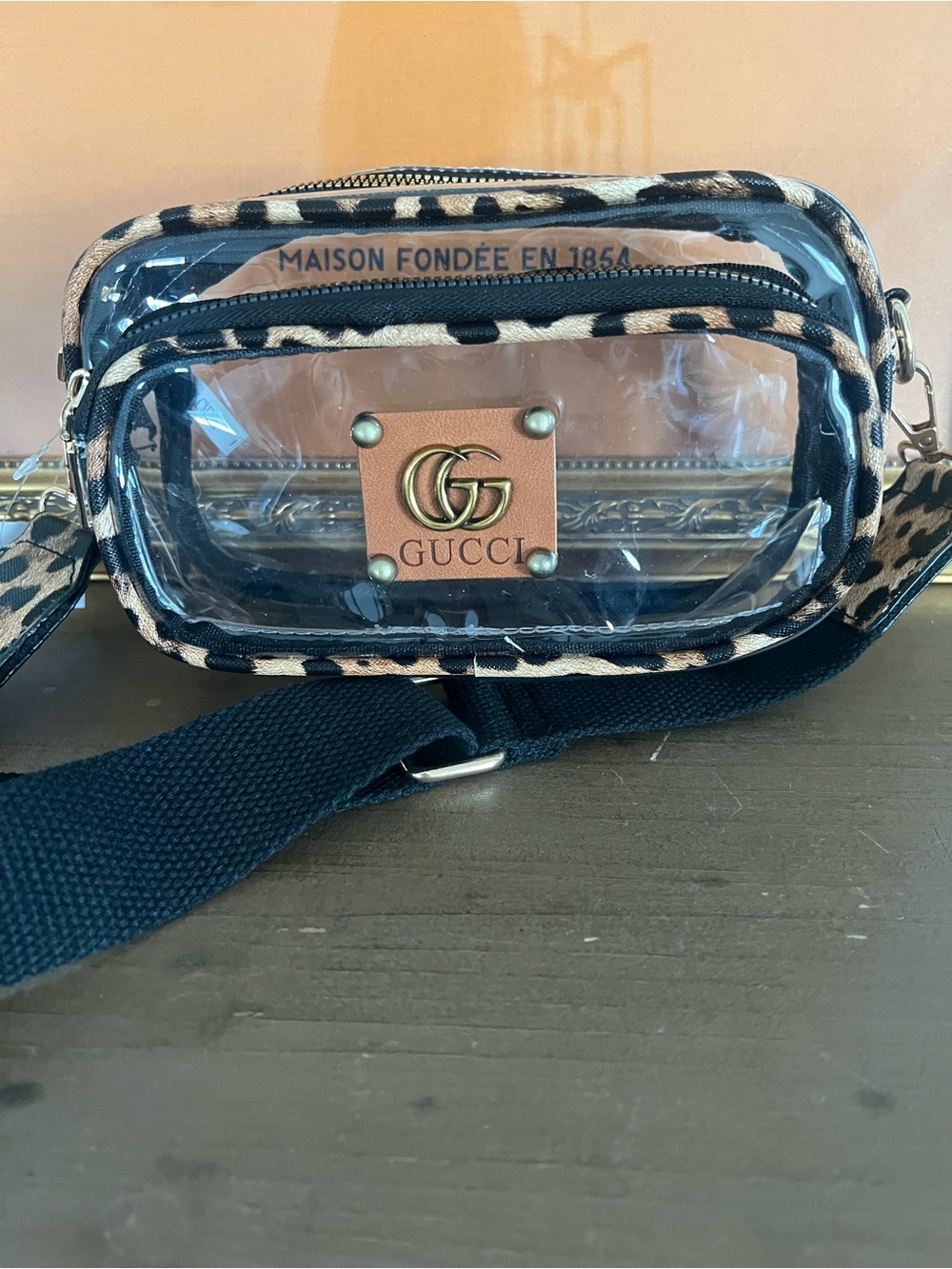 Clear PVC Belt Bag with Leopard Trim and Gold Plaque